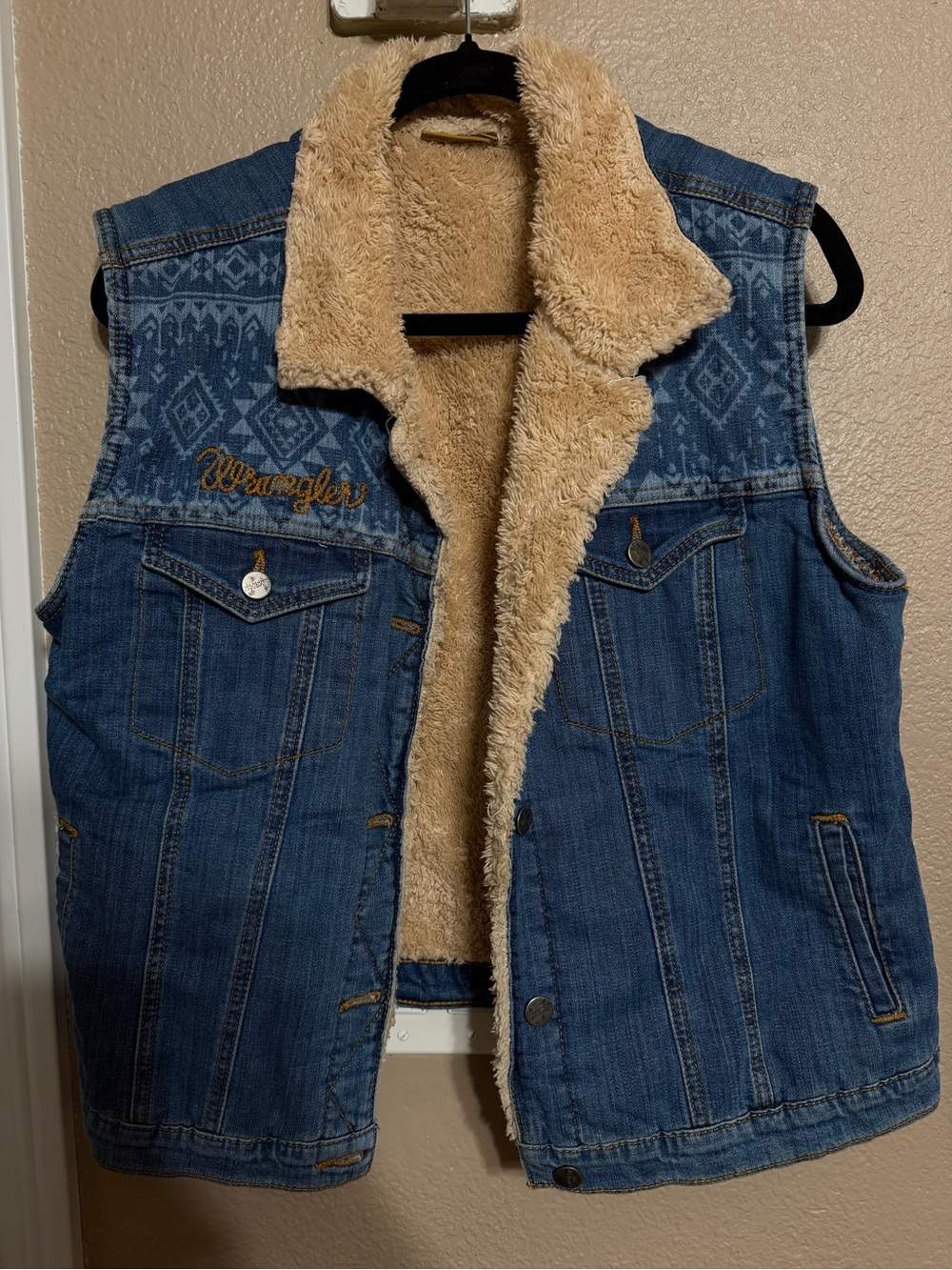 Wrangler Blue Denim Vest with Tan Sherpa Lining